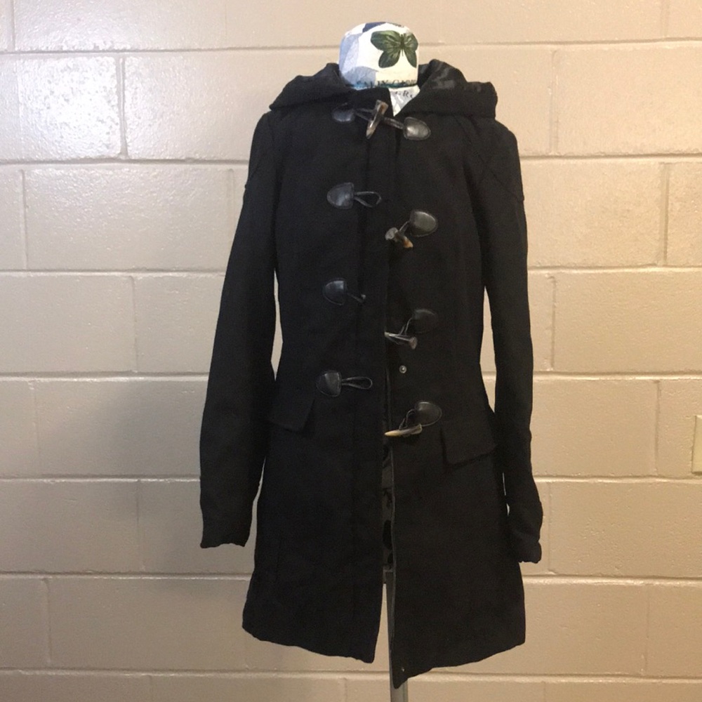 Wool-blend black hooded medium women’s coat.